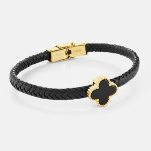 Onyx Lucky Clover Leather Bracelet